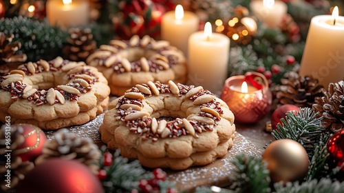 A festive display of buttery Dutch Kerstkransjes cookies, shaped like wreaths and topped with almonds, surrounded by traditional Christmas decorations like candles, garlands, and ornaments,