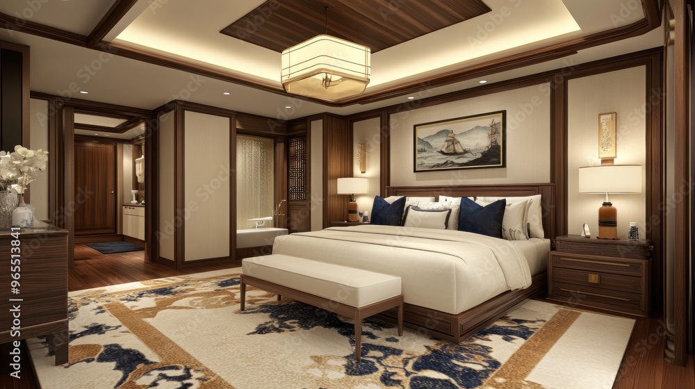 Modern bedroom with a king size bed, wooden floor, a white rug, and a wooden nightstand with a lamp. Modern bedroom with a king size bed, wooden floor, a white rug, and a wooden nightstand with a lamp.