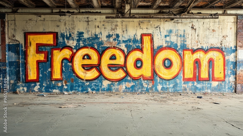 Naklejka premium A wall with the word freedom written on it. The wall is covered in graffiti and he is in a run down area