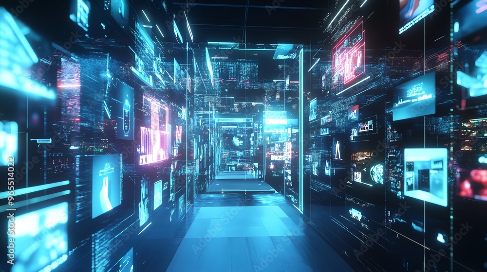 Futuristic digital room with holographic screens, glowing blue lights, representing advanced technology and data visualization. Futuristic digital room with holographic screens, glowing blue lights, representing advanced technology and data visualization.