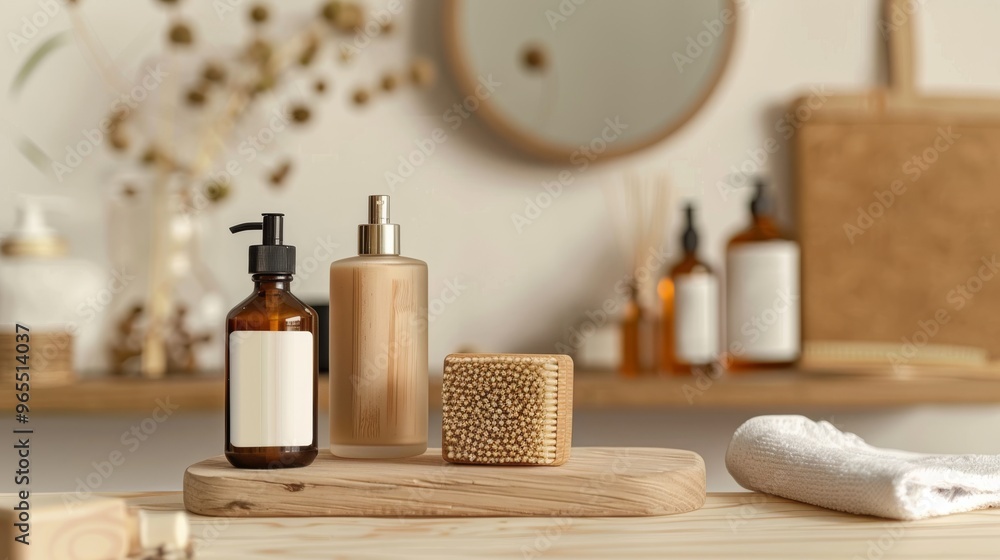 Set of skincare and hygiene products on a minimalist table Set of skincare and hygiene products on a minimalist table