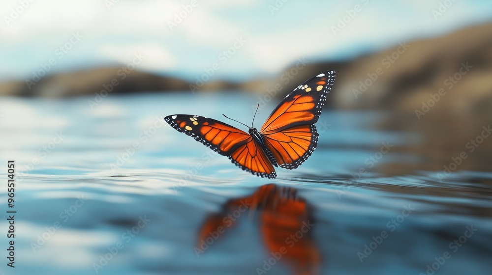 Obraz premium Freedom butterfly flying over calm water in a serene scene