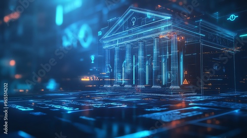 Futuristic digital financial system concept with holographic bank and blockchain technology in a virtual environment.