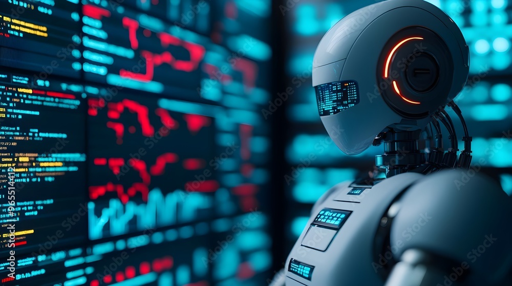 Futuristic Robot Analyzing Data, AI Technology, Cyberspace Futuristic Robot Analyzing Data, AI Technology, Cyberspace