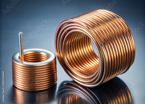 A copper wire coil, electromagnetic flux lines, and a soft iron core symbolizing inductor's function to store energy in an electrical circuit. photo