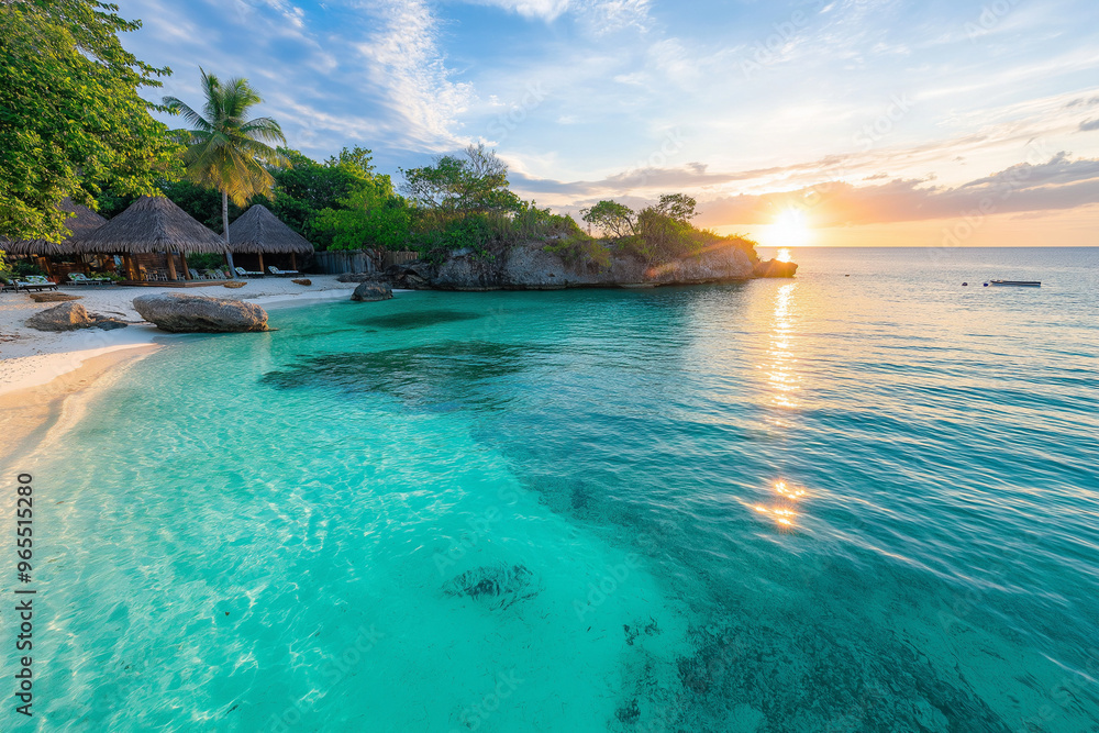 Fototapeta premium A beautiful beach with a large body of water and a large rock in the middle