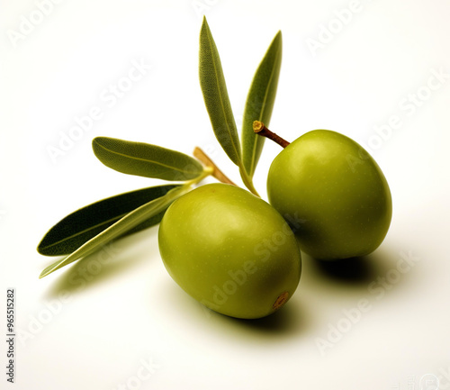 two olives with leaves isolated on a white background