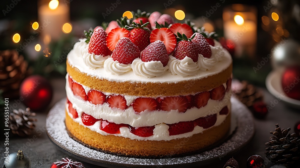 A festive Japanese Christmas cake, topped with layers of fresh strawberries and whipped cream, served on a holiday table with elegant decorations, twinkling Christmas lights, A festive Japanese Christmas cake, topped with layers of fresh strawberries and whipped cream, served on a holiday table with elegant decorations, twinkling Christmas lights,