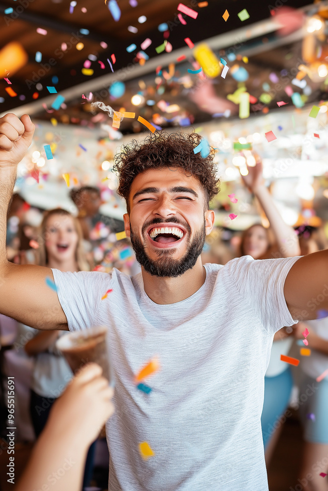 A group of people are celebrating with confetti and balloons A group of people are celebrating with confetti and balloons