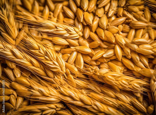 Wheat grain background. Top view of whole wheat grains texture. 