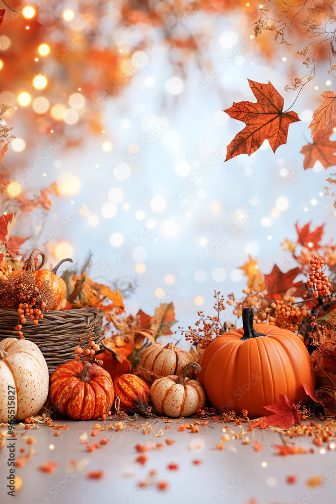 A basket of pumpkins and leaves A basket of pumpkins and leaves