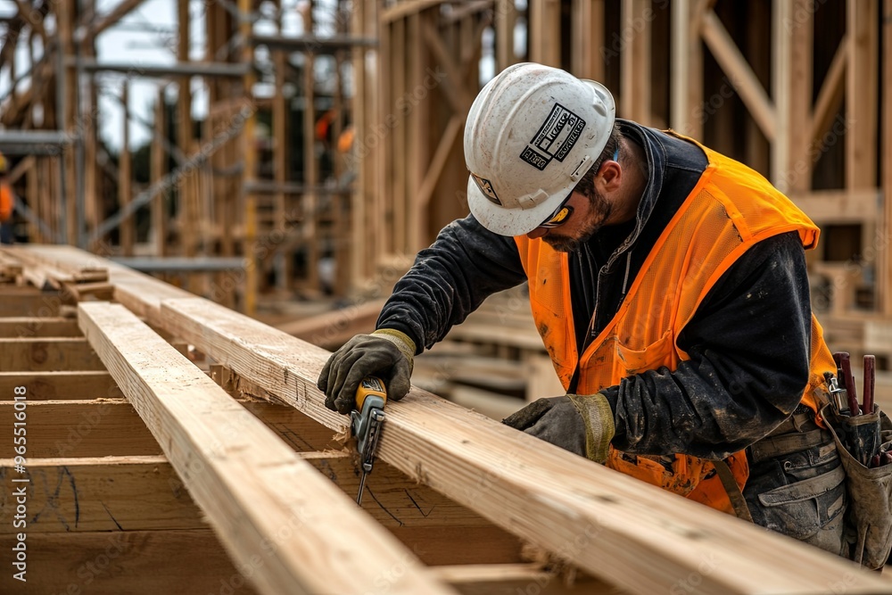 Builder Working on a New Home A construction worker is diligently working on building a new house. Builder Working on a New Home A construction worker is diligently working on building a new house.