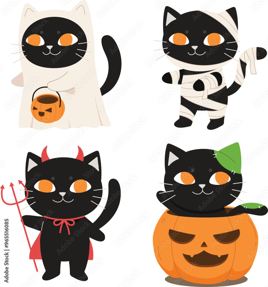 A black cat with costumes halloween set. funny cat characters. Collection of kittens in costumes vampire costume, mummy animal, witch cat, kitty on pumpkin. Ghost pet. A black cat with costumes halloween set. funny cat characters. Collection of kittens in costumes vampire costume, mummy animal, witch cat, kitty on pumpkin. Ghost pet.