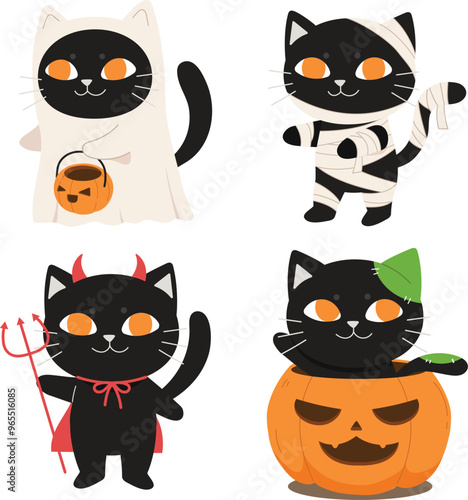 A black cat with costumes halloween set. funny cat characters. Collection of kittens in costumes vampire costume, mummy animal, witch cat, kitty on pumpkin. Ghost pet.