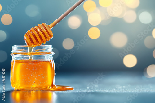 A jar of honey with a wooden spoon