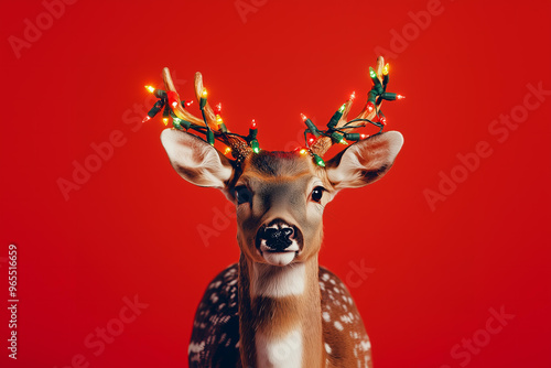 
Portrait of a deer with colorful Christmas garland with warm lights on its antlers, looking at the camera, against a red solid smooth background.  photo