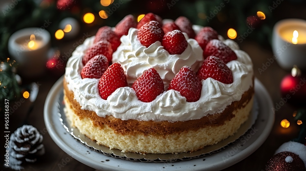 A fluffy Japanese Christmas cake topped with whipped cream and strawberries, served on a holiday table surrounded by Christmas garlands, twinkling lights, and glowing candles, A fluffy Japanese Christmas cake topped with whipped cream and strawberries, served on a holiday table surrounded by Christmas garlands, twinkling lights, and glowing candles,