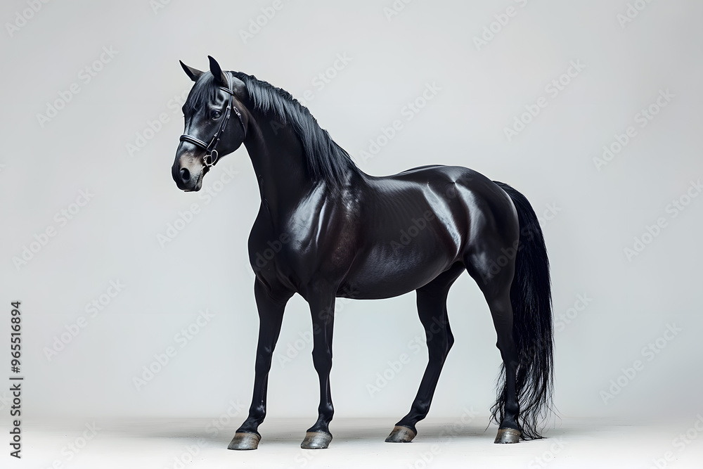 Fototapeta premium Majestic black horse standing proudly in full body pose isolated on white background