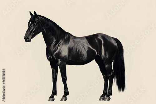 Majestic black horse standing proudly in full body pose isolated on white background