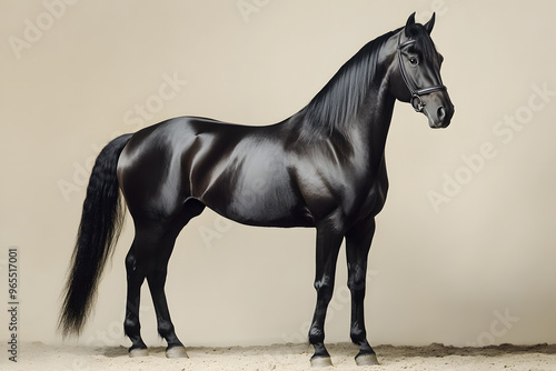 Majestic black horse standing proudly in full body pose isolated on white background