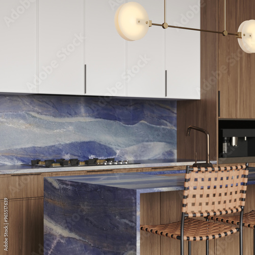 Foto Modern kitchen design with quartzite countertop - detail of interior with faucet and home appliances