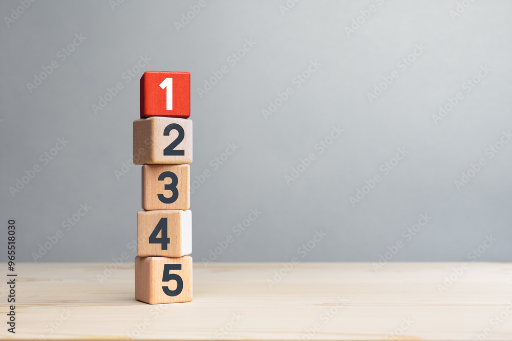 Poster Wooden cubes with number first, second, third, fourth and fifth ...