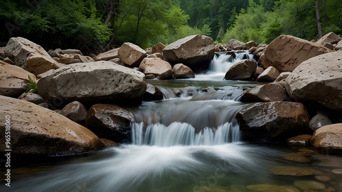 Cascading mountain streams. Clear, fresh water tumbles over rocks down the mountainside, surrounded by lush vegetation and the sound of rushing water. Realistic style. photo