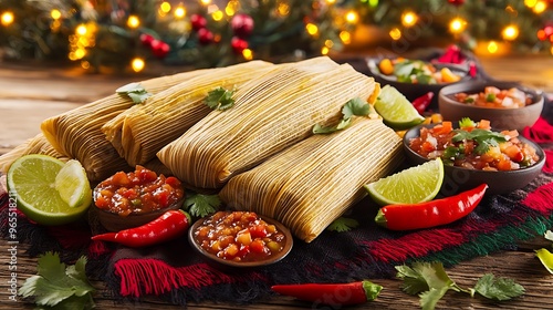 A holiday gathering featuring a large serving of tamales with various salsas, lime wedges, and chili peppers, set on a colorful Mexican cloth with Christmas lights and garlands in the background, photo