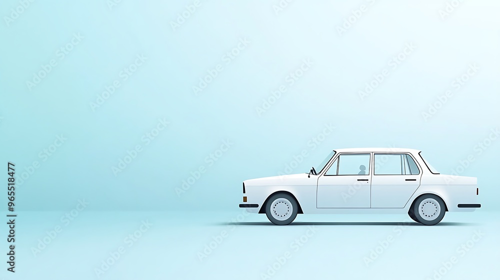 Minimalist vector concept featuring a white car on a light blue background with ample copy space, ideal for clean travel branding. Minimalist vector concept featuring a white car on a light blue background with ample copy space, ideal for clean travel branding.