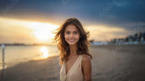 A radiant brunette girl with flawless skin beams at the camera, her natural makeup glowing in the sunlight. Her neat hair and joyful expression capture the essence of youthful beauty