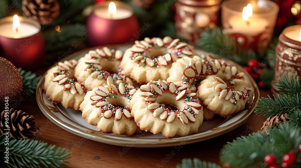 A holiday table featuring a decorative plate of Dutch Kerstkransjes cookies, their buttery wreath shapes adorned with almonds and colorful sprinkles, surrounded by Christmas candles, festive garlands, A holiday table featuring a decorative plate of Dutch Kerstkransjes cookies, their buttery wreath shapes adorned with almonds and colorful sprinkles, surrounded by Christmas candles, festive garlands,