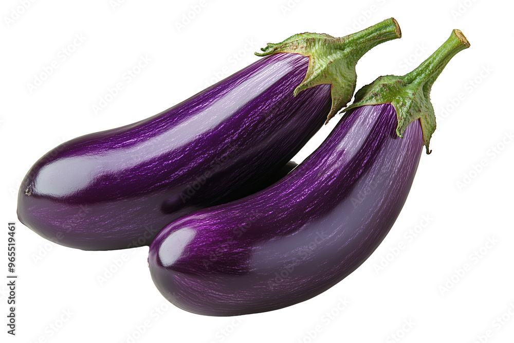 A close-up of a vibrant purple eggplant with a glossy skin and green calyx, isolated on a white background. A close-up of a vibrant purple eggplant with a glossy skin and green calyx, isolated on a white background.