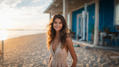 A radiant brunette girl with flawless skin beams at the camera, her natural makeup glowing in the sunlight. Her neat hair and joyful expression capture the essence of youthful beauty