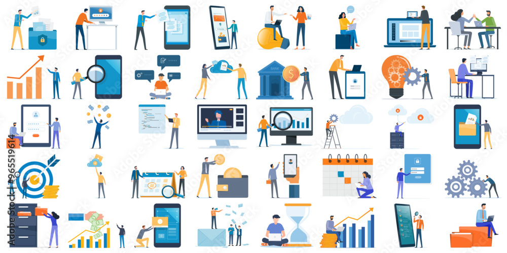 Fototapeta premium set business flat vector illustration design cartoon character working action style concept. online video conference meeting. business planning. data analytics. finance investment. 