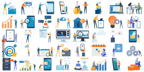 set business flat vector illustration design cartoon character working action style concept. online video conference meeting. business planning. data analytics. finance investment.
