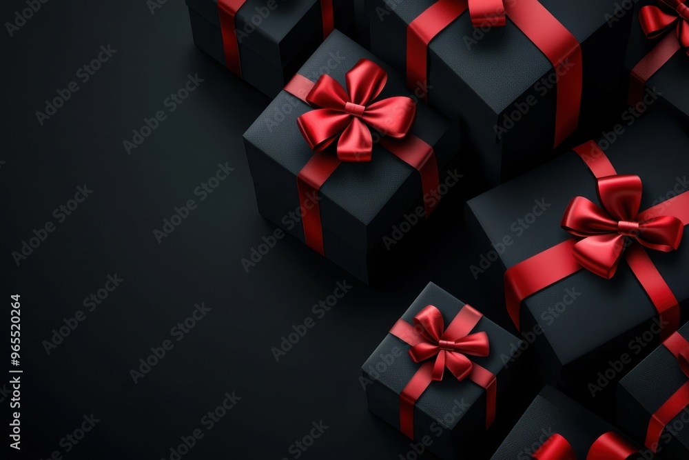 Black friday extravaganza offers. Genuine dark gift bundles. Design showcasing present containers adorned with red bows. Rich background with metallic lettering Black friday extravaganza offers. Genuine dark gift bundles. Design showcasing present containers adorned with red bows. Rich background with metallic lettering