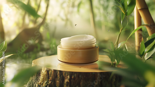 moisturizing cream in eco-friendly packaging, surrounded by natural elements like bamboo and leaves photo