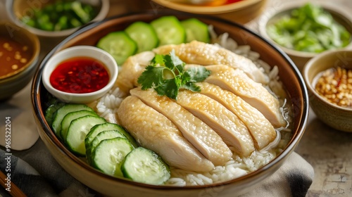 Close-up of Hainanese chicken rice served with tender chicken, rice cooked in chicken broth, fresh cucumber slices, clear soup, and savory dipping sauces, soft, diffused light creating a warm and