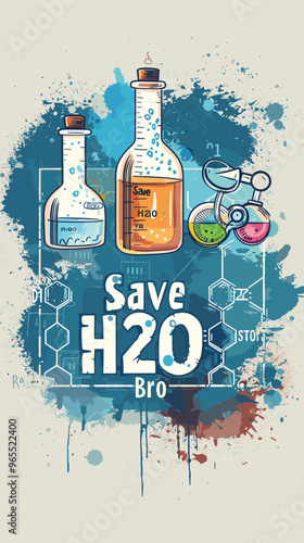 Save Water Motivational Chemistry Phrase "Save H2O Bro" with Periodic Table Elements, Monochromatic Printable Poster Design for Web and Decor