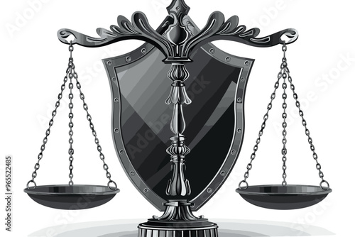 Scales of Justice in Protective Shield, Monochromatic Law and Justice Sign or Label Isolated on White