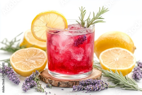 Refreshing Lavender Lemonade, Rosemary and Lemon on Rustic Wooden Board, Isolated on White