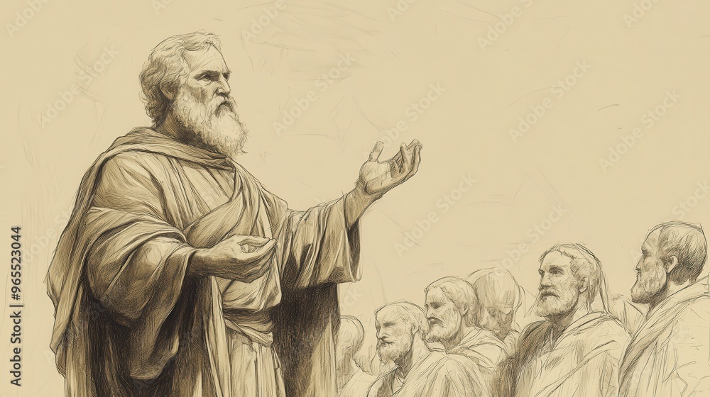 Fototapeta premium Bible Wall Art: Moses Teaching in Deuteronomy - Heartfelt Repentance and Divine Prosperity - Beige Background