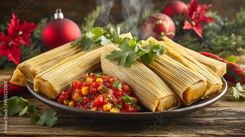 A steaming plate of Mexican tamales wrapped in corn husks, served with vibrant salsa and garnished with cilantro, set on a rustic holiday table with red and green decorations,