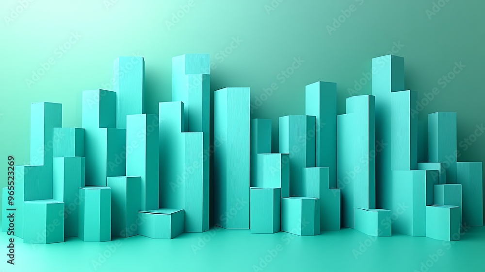 A minimalist 3D papercraft histogram, vertical paper bars staggered in height, layered in shades of teal, glowing ambient light creating soft shadows, sharp paper textures, clean background, A minimalist 3D papercraft histogram, vertical paper bars staggered in height, layered in shades of teal, glowing ambient light creating soft shadows, sharp paper textures, clean background,
