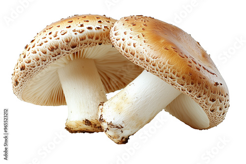 A detailed close-up image of two fresh mushrooms, showcasing their textured caps and thick white stems. photo