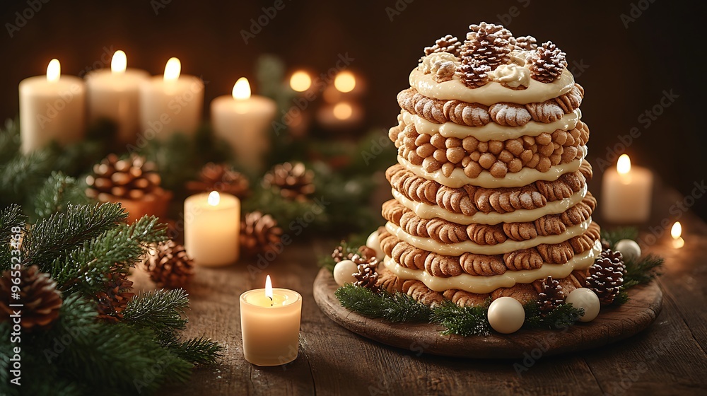 A towering Norwegian Kransekake, decorated with icing, sitting on a rustic wooden table surrounded by Christmas candles and evergreen branches, A towering Norwegian Kransekake, decorated with icing, sitting on a rustic wooden table surrounded by Christmas candles and evergreen branches,