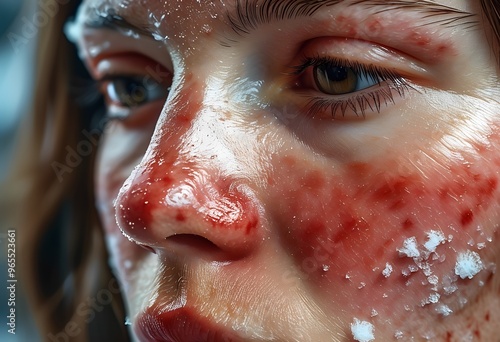  Close-up of a person’s face suffering from cold urticaria, showing red and inflamed skin as a result of an allergic reaction to cold temperatures, highlighting the effects of winter weather on sensit photo