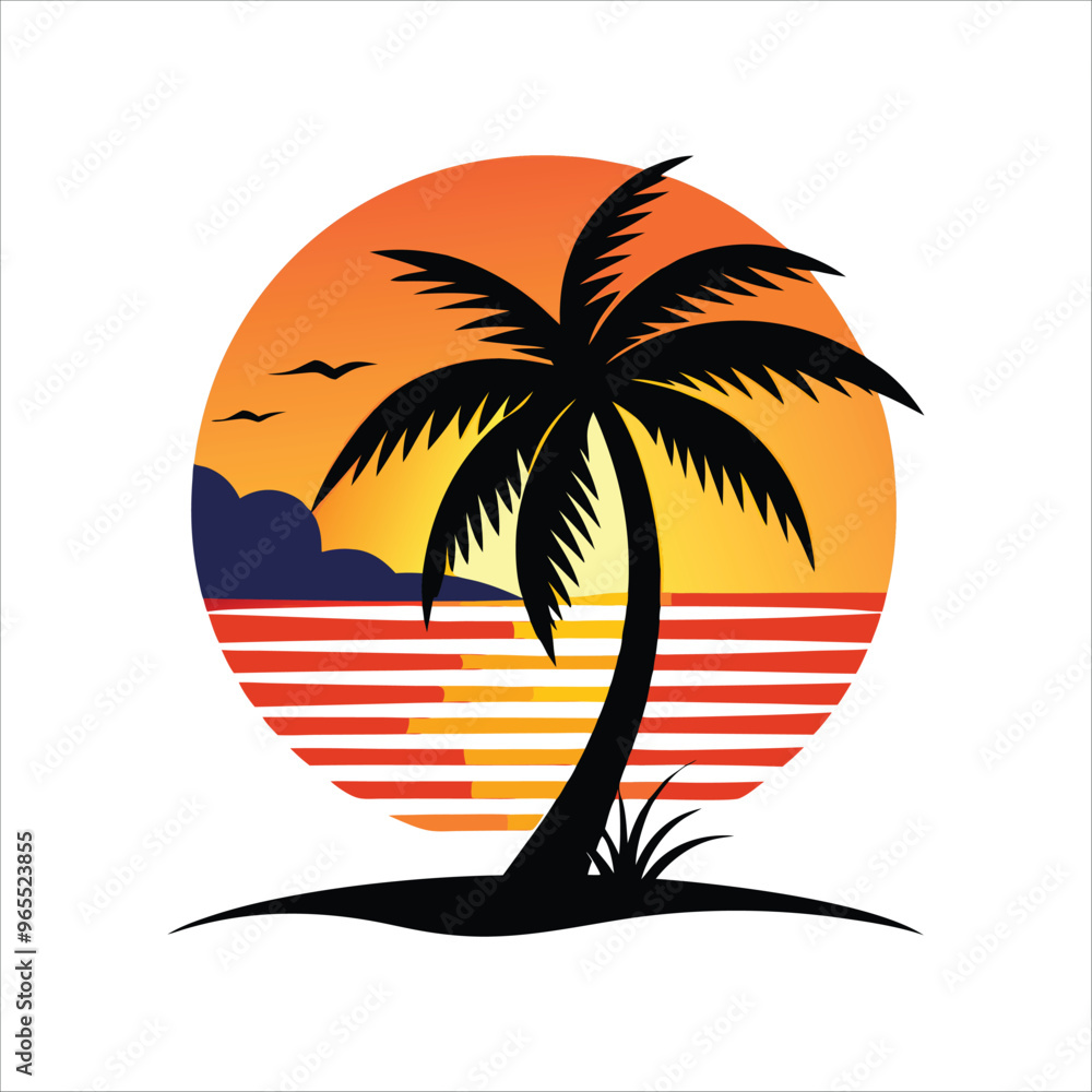 Naklejka premium Silhouette of tropical island with coconut tree and sunset isolated on white background