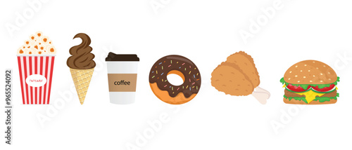 Fast food set ,burger,chicken,donut,coffee,ice cream,popcorn.Street food on a white background,vector illustration. 