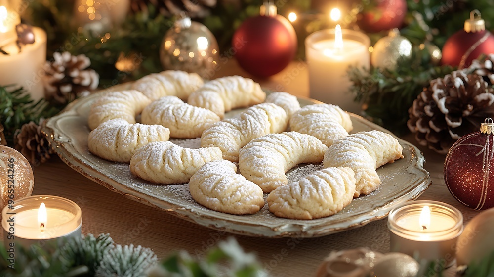 A traditional Austrian holiday table featuring a platter of Vanillekipferl cookies, crescent-shaped and dusted with powdered sugar, surrounded by glowing candles, festive garlands, A traditional Austrian holiday table featuring a platter of Vanillekipferl cookies, crescent-shaped and dusted with powdered sugar, surrounded by glowing candles, festive garlands,